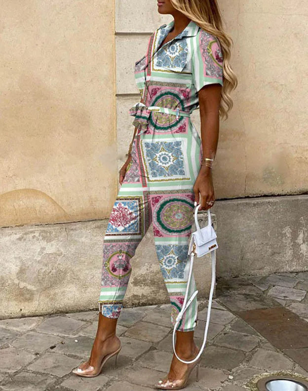 Summer Casual Women's Jumpsuit with Lapel Collar Printed Waistband and Stylish Buckle Detail