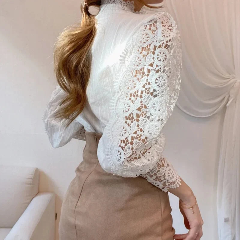 Elegant Hollow Out Long Sleeve Women Blouse with Petal Sleeves and Stand Collar, Stylish Office Shirt for Autumn Fashion