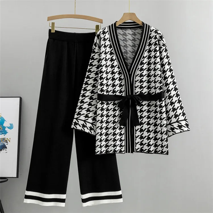 Winter Casual Knitted Cardigan and Wide Leg Pant Set for Women - Long Sleeve Sweater Tracksuit