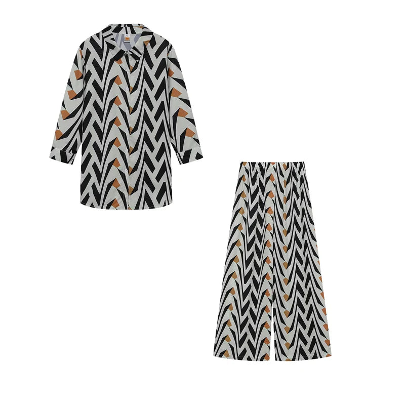Fashion Printed Loose Long Sleeve Shirt and Straight Leg Pants Set for Women