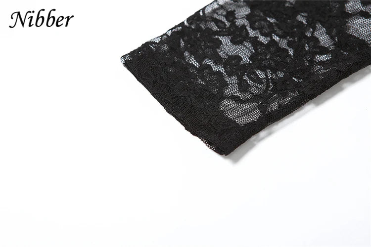 Nibber Lace Mesh Sexy Sheath Jumpsuit for Women Long Sleeve See-Through Skinny One Piece Overalls Midnight Coquette Design