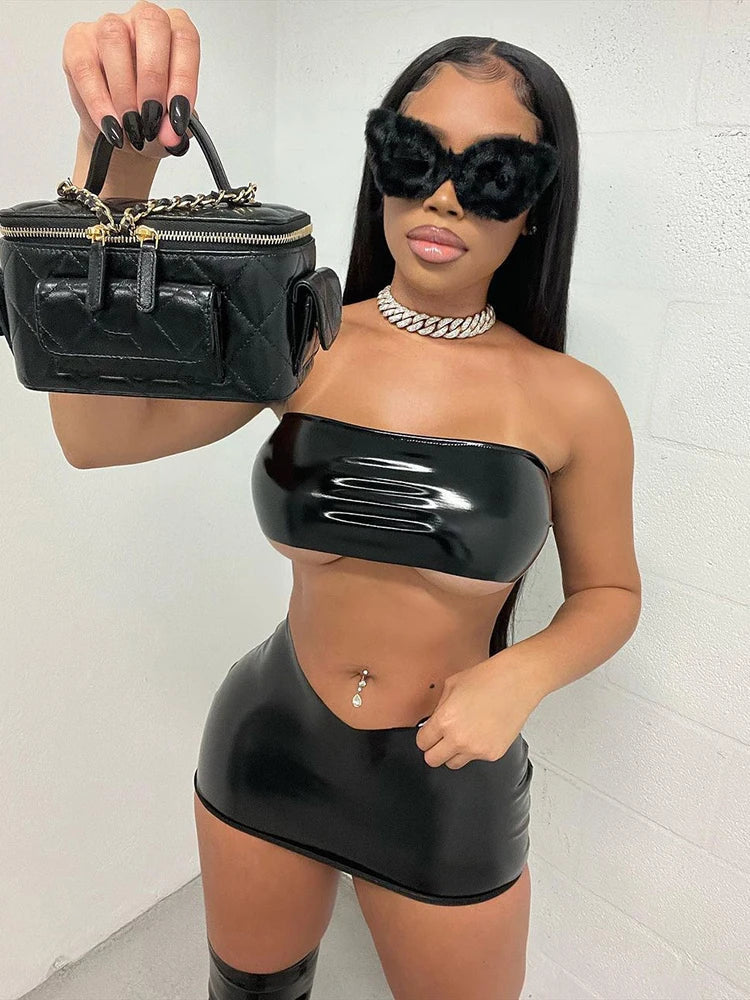 Shiny Solid Two Piece Set for Women Sexy Wrapped Chest Crop Top and Irregular Shape Skinny Hip Skirt Midnight Party Clubwear