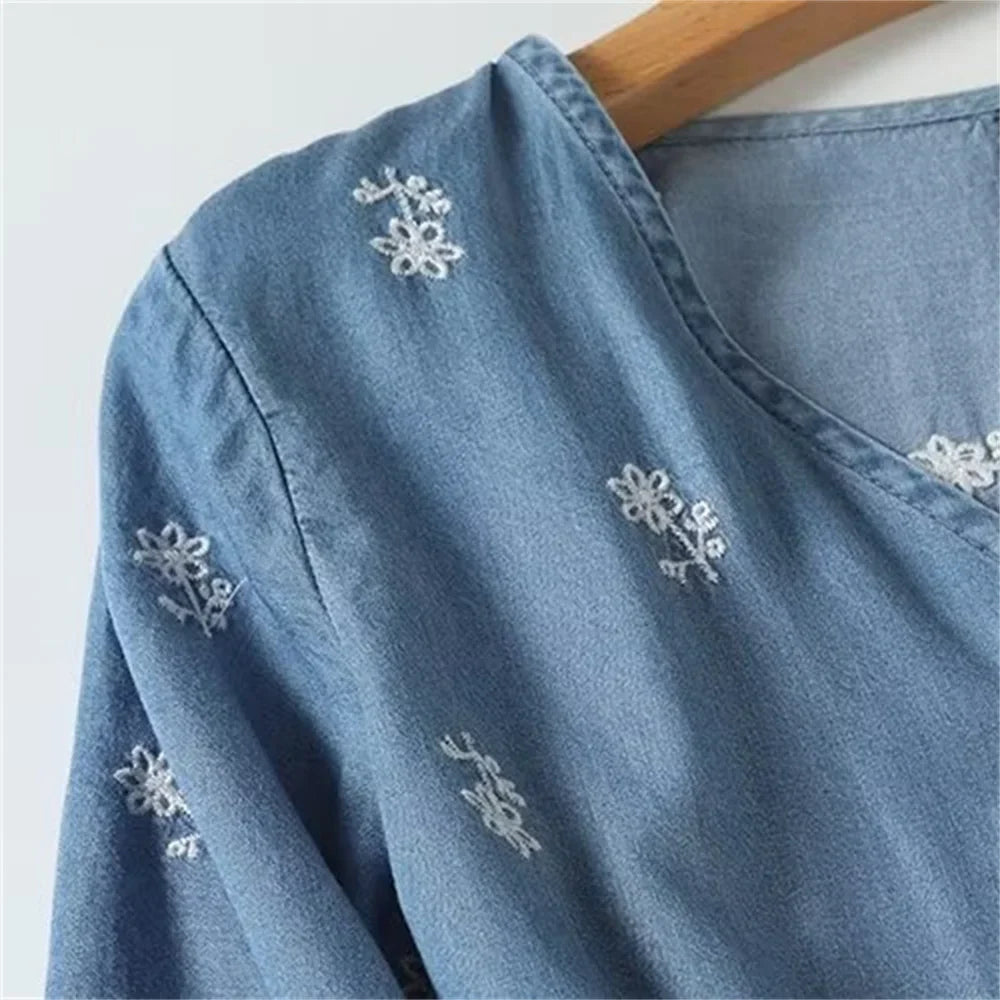 Womens V Neck Embroidered Dress Casual Elegant Short Sleeve