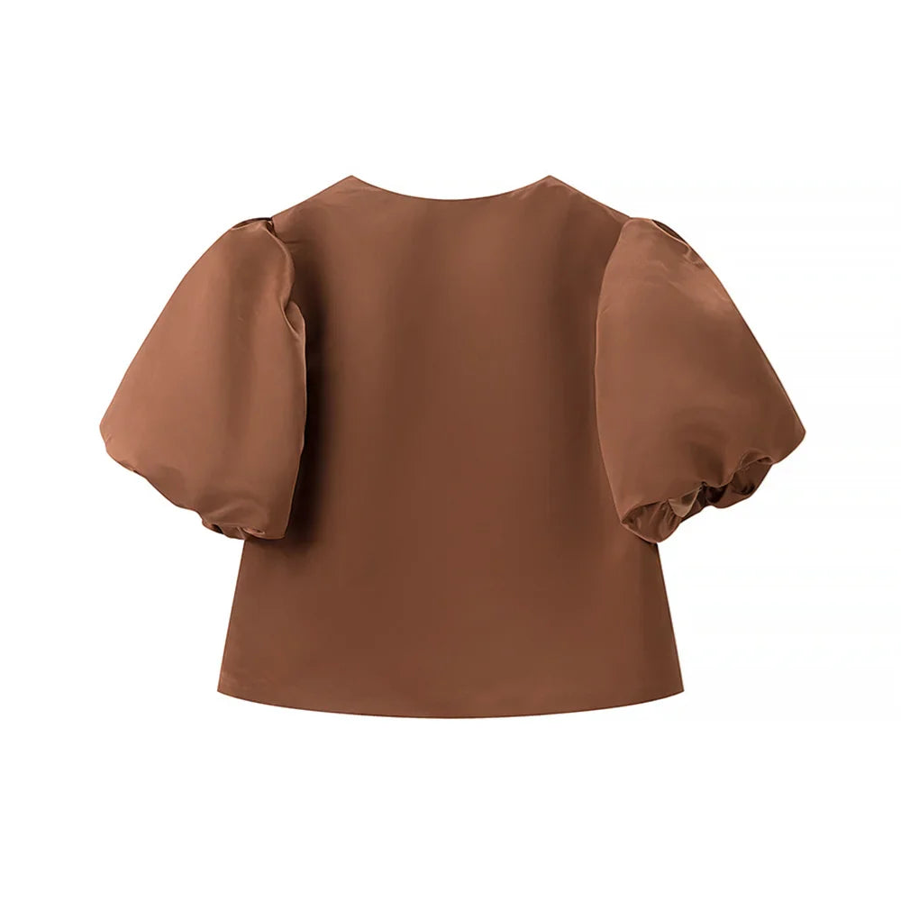 Women's Casual Bubble Sleeve Shirt with Round Neck and Button Detail Lightweight Summer Top