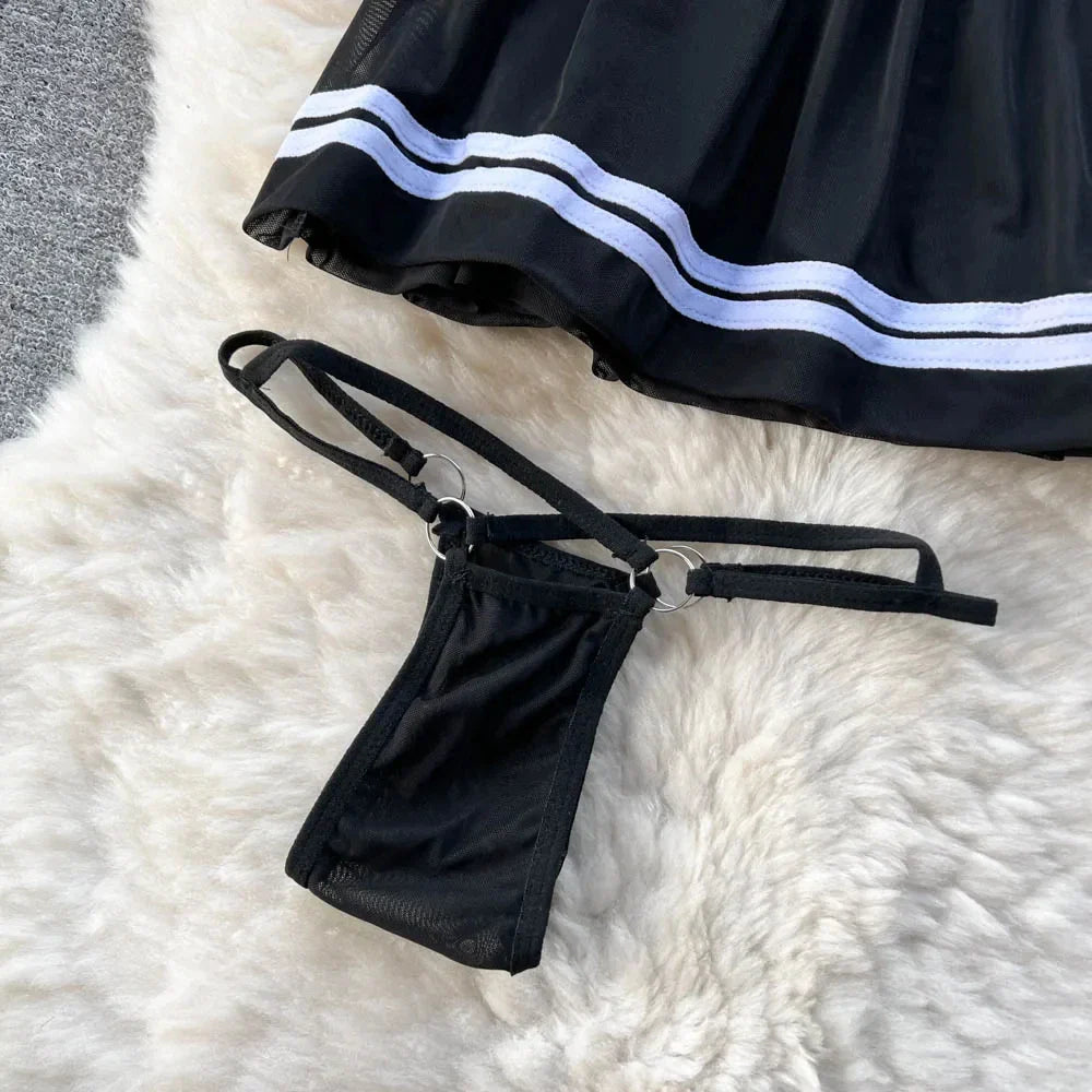 Kawaii Japanese Sailor Girl Cosplay Uniform Set Sexy Short Sleeve Crop Top with Bow and Elastic Waist Striped Mini Skirt