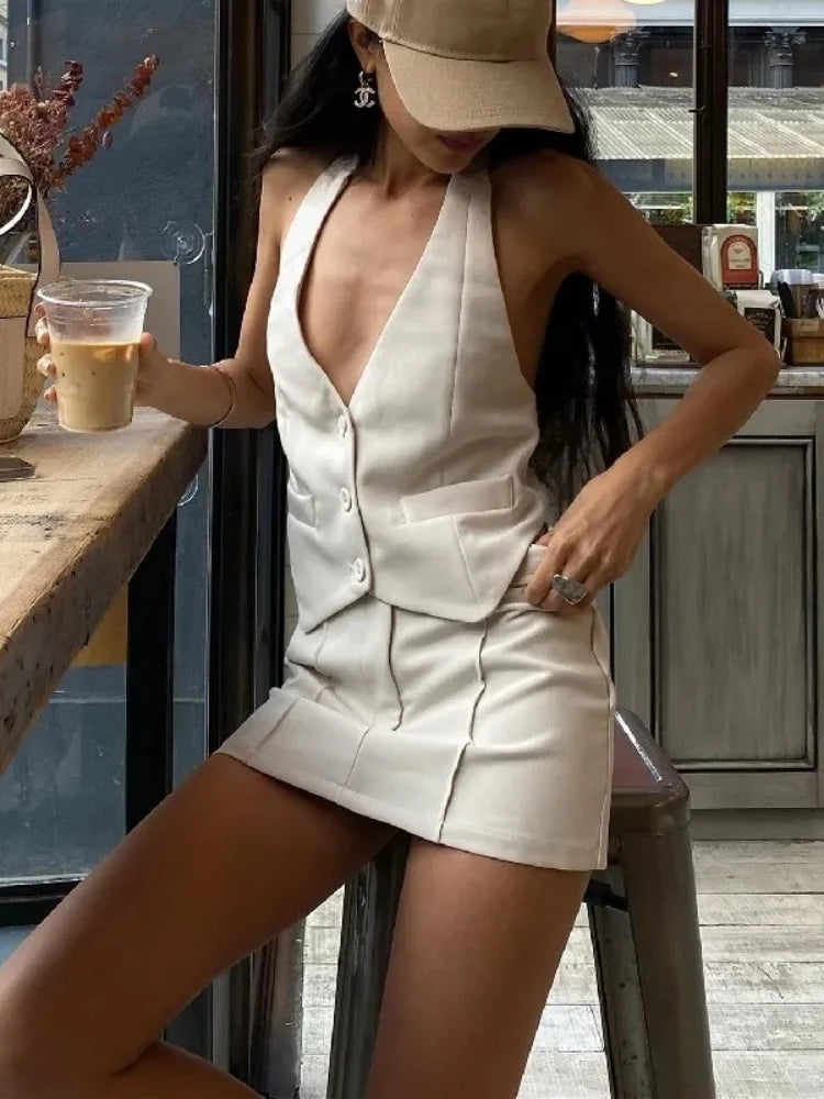 Casual V-Neck Sleeveless Tank Top and High-Waist Bodycon Hip Skirt Two-Piece Set for Women Retro Streetwear Fashion