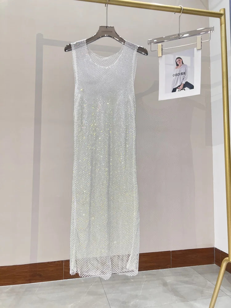 Rhinestone Mesh Midi Dress for Sexy Party and Clubwear