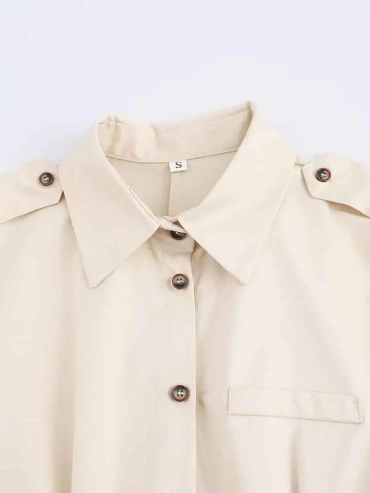 Versatile Women's Slim Fit Short Sleeve Lapel Shirt with Decorative Belt Strap and Curling Detail