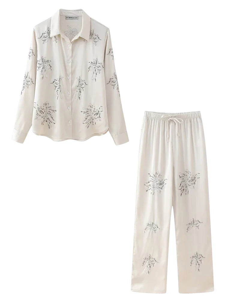 Women's Beaded Embroidery Long Sleeve Shirt and Loose Trousers Set with Lace Up Details