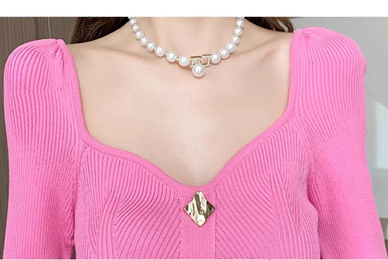 Elegant V Neck Knitted Bodycon Wrap Dress For Women Midi