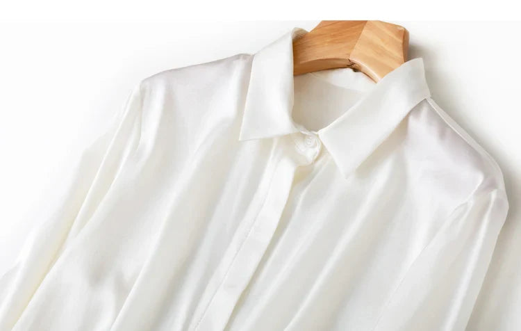 Women Satin Silk Shirt 93% Mulberry Silk 7% Spandex 19 Momme Classic Long Sleeve Blouse Solid Color Office Top for Women M L XL XXL