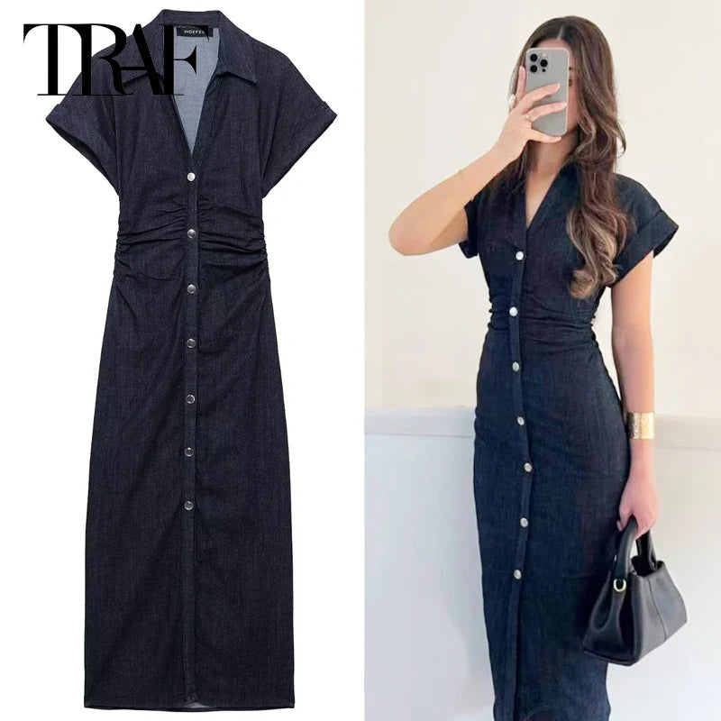 Elegant Blue Midi Dress With Ruffles And Corset Details