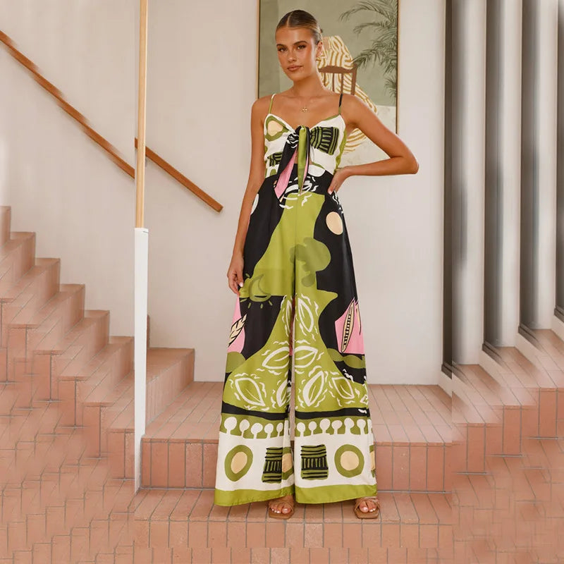 Women's Summer Printed Spaghetti Strap Jumpsuit with Hollow Out Lace-Up Detail High Waist Wide Leg Bohemian Style