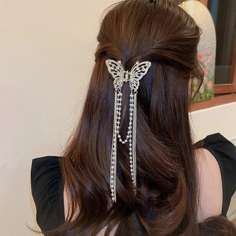 Butterfly Hair Clip With Long Tassel And Imitation Pearl Rhinestone For Elegant Women's Hair Accessories