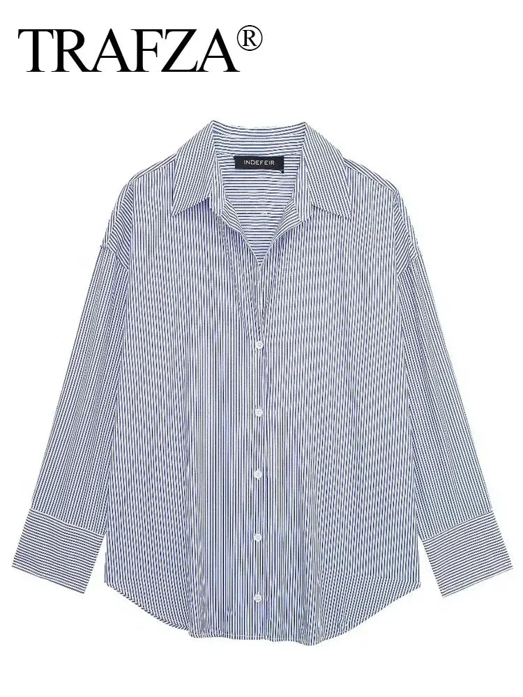 Women's Casual Striped Single Breasted Long Sleeve Lapel Blouse Elegant Solid Color Office Shirt Chic Top