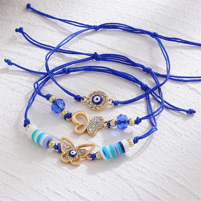 3 Pieces Lucky Turkish Blue Evil Eye Bracelets with Fatima Hand Hamsa and Butterfly Charm Handmade Jewelry