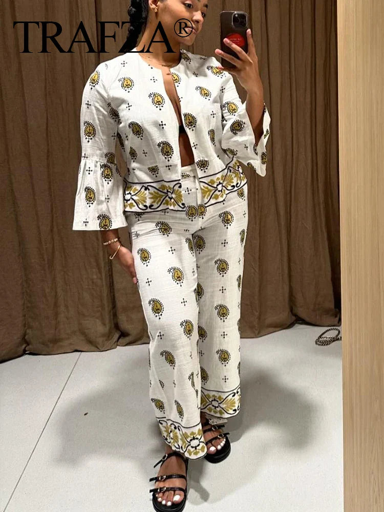 Fashion Women's Print Embroidered Shirt and Pant Set with Long Sleeve Cardigan Coat and Straight Trouser High Street Outfit