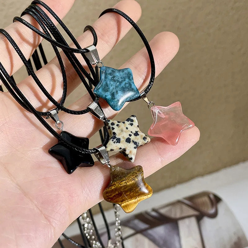 Pentagram Star Crystal Healing Necklace Natural Gemstone Pendant for Women and Girls