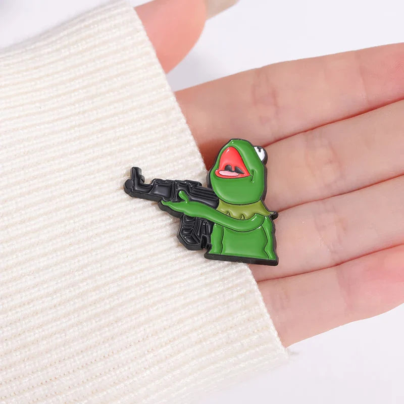 Frog And Gun Enamel Pin Cute Animal Brooch Custom Design Lapel Badge Jewelry Gift for Friends