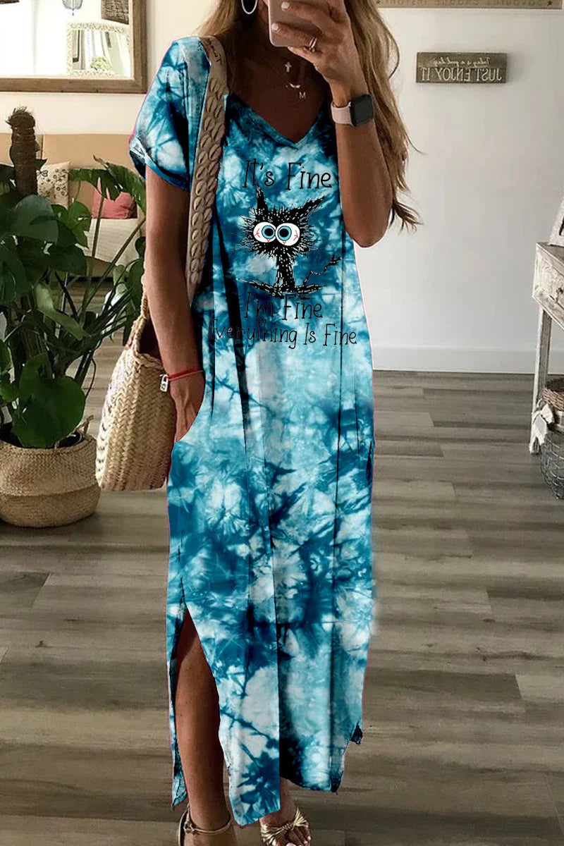 V Neck Short Sleeve Swing Dress For Women With Halo Print