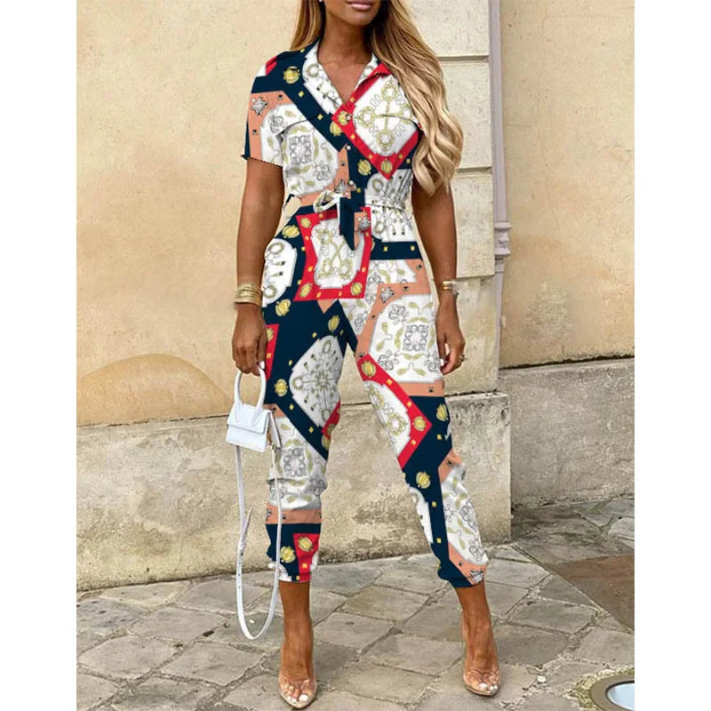 Summer Casual Women's Jumpsuit with Lapel Collar Printed Waistband and Stylish Buckle Detail