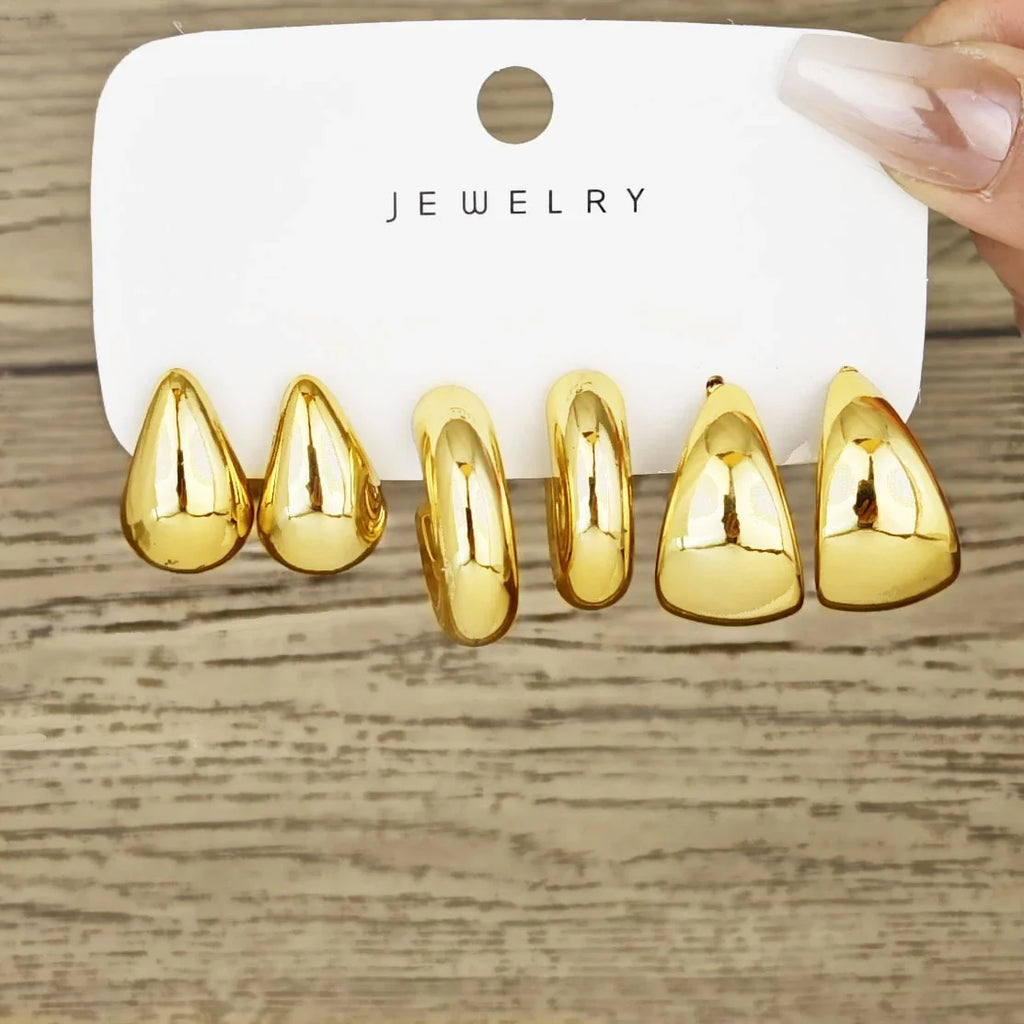 6pcs Chunky Gold Plated Waterdrop Hoop Earrings Set for Women Elegant Minimalist Circle Drop Jewelry