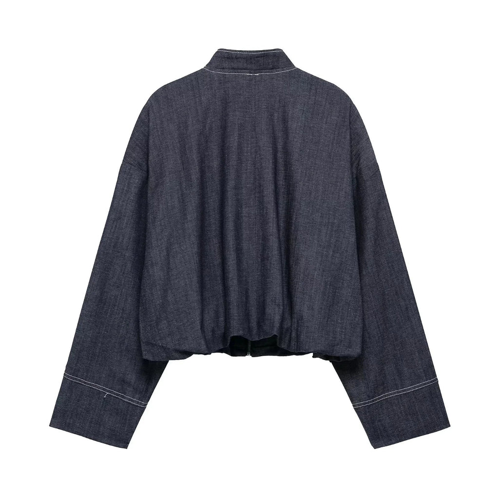 Casual Denim Loose Fit Women Suit Set with O Neck Zipper Bomber Jacket and Pleated Mini Skirt Vintage Inspired Spring Summer Fashion Ensemble