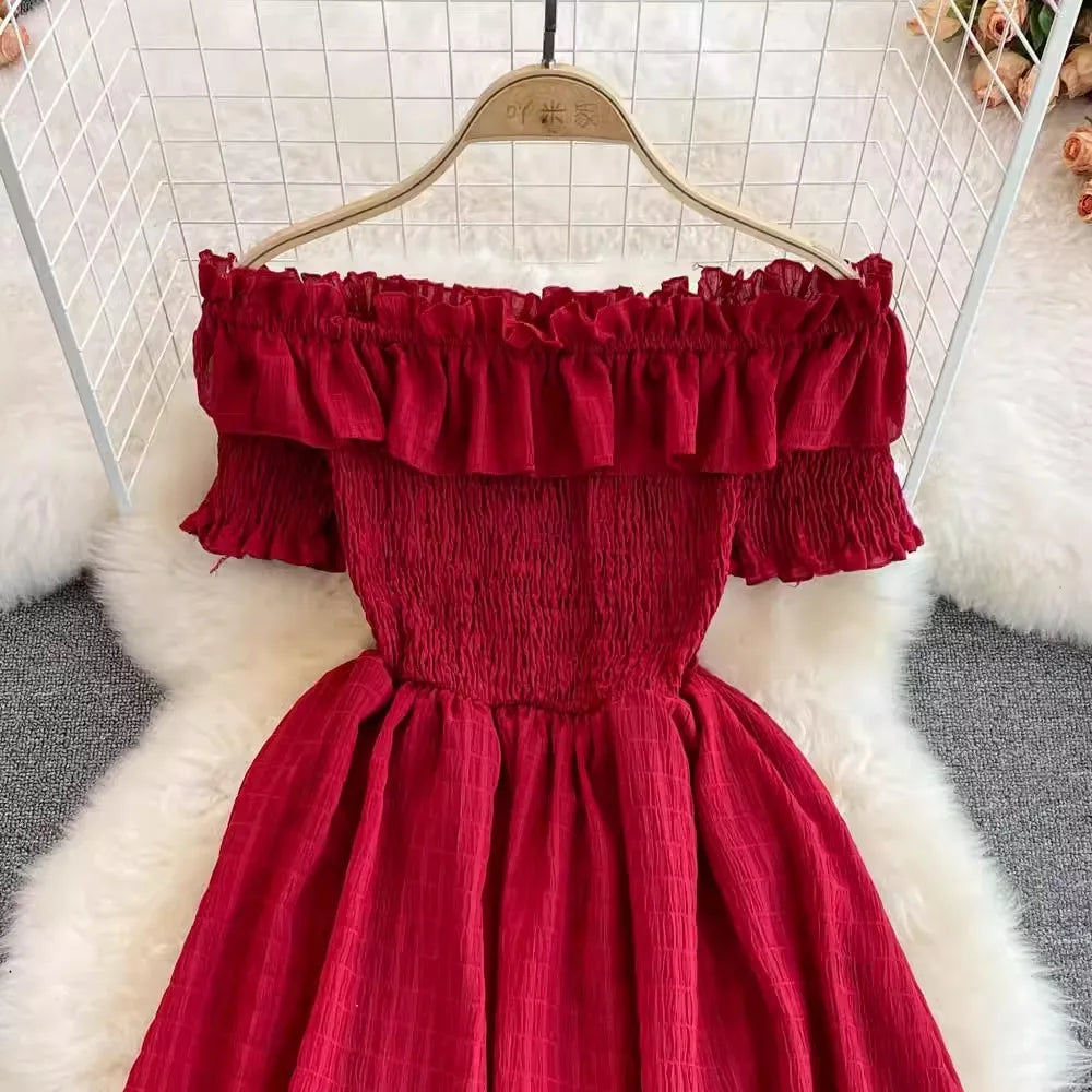 Ruffled Off Shoulder Dress Chiffon Beach Summer Fashion