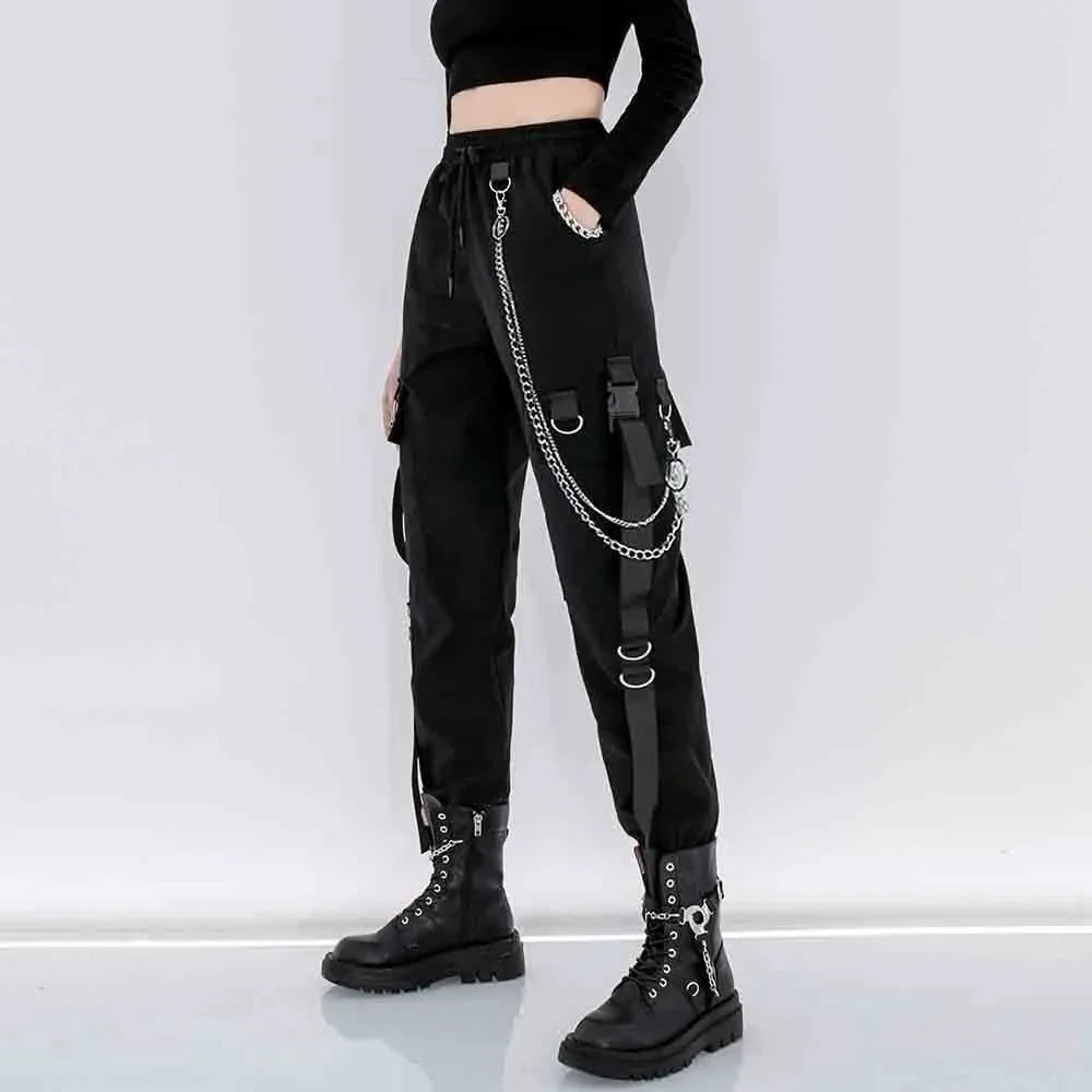 Casual Streetwear Cargo Pants Set with Chain and Harajuku Style Shirt for Women - Two Piece Loose Joggers and Blouse Outfit in Black and White