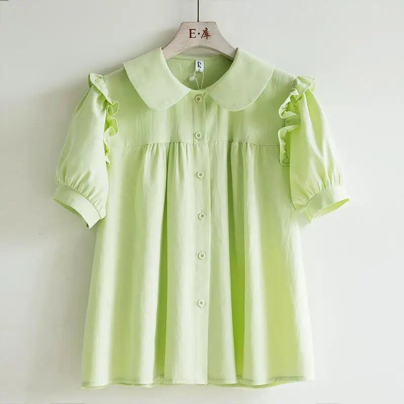 Blue Peter Pan Collar Single Breasted Short Sleeve Loose Fit Women's Blouse Shirt Lightweight Casual Top