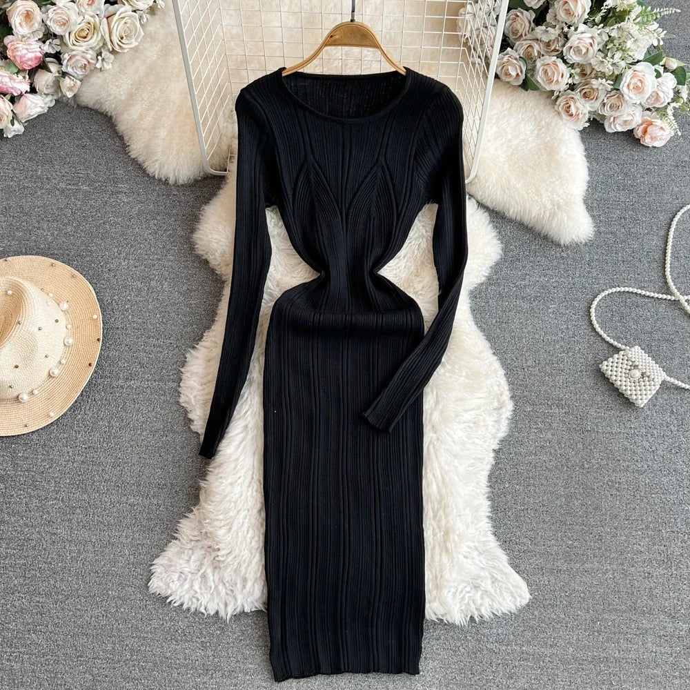 Long Sleeve Knitted Bodycon Dress For Women Autumn Retro