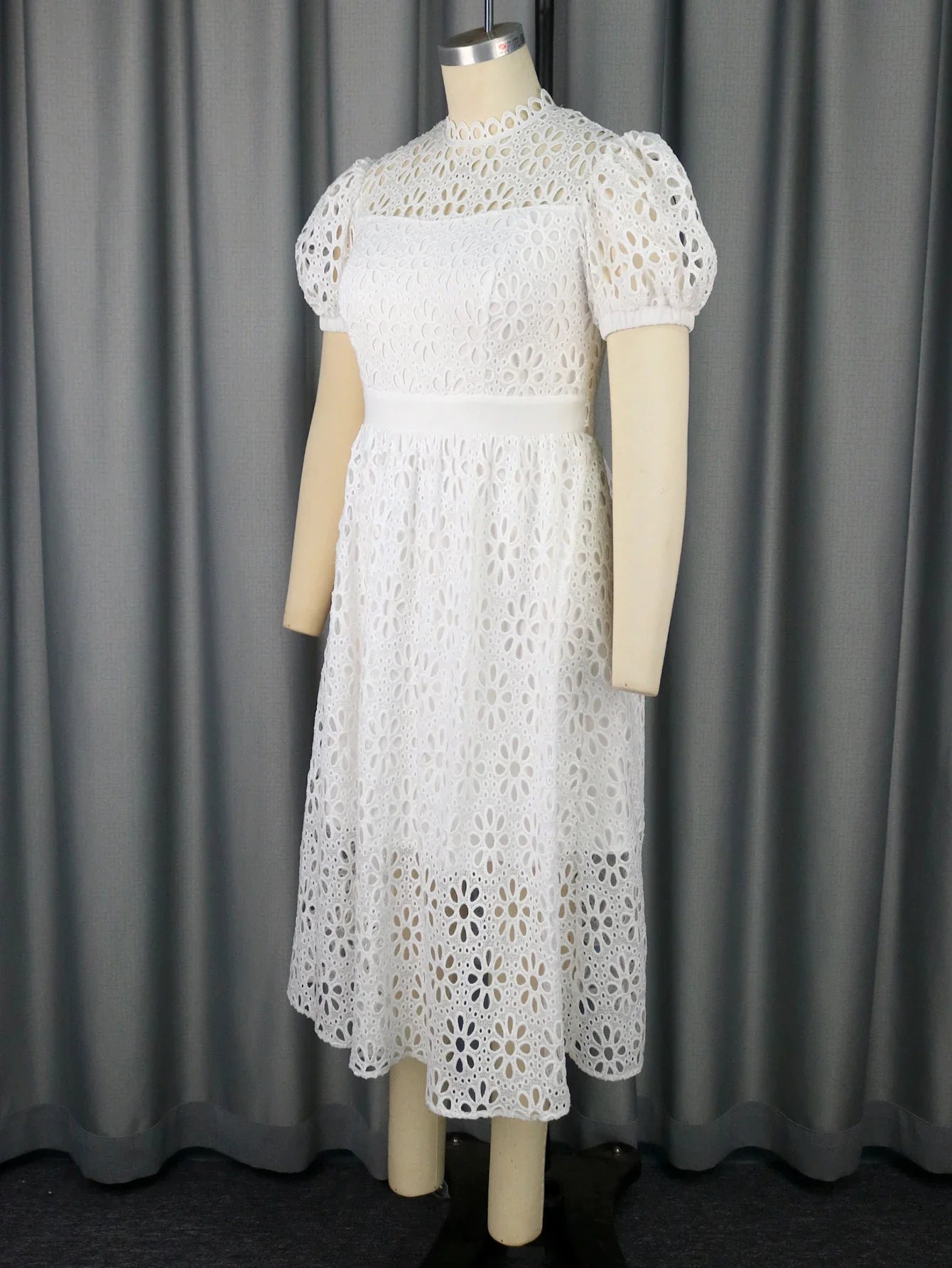 White Lace Dress Mock Neck Puff Sleeve A Line Evening Gown