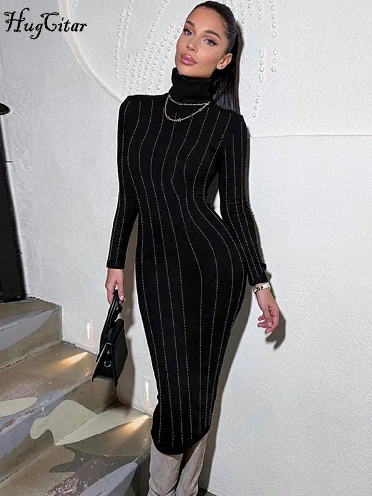 Sequined Bodycon Black Midi Dress Turtleneck Long Sleeve