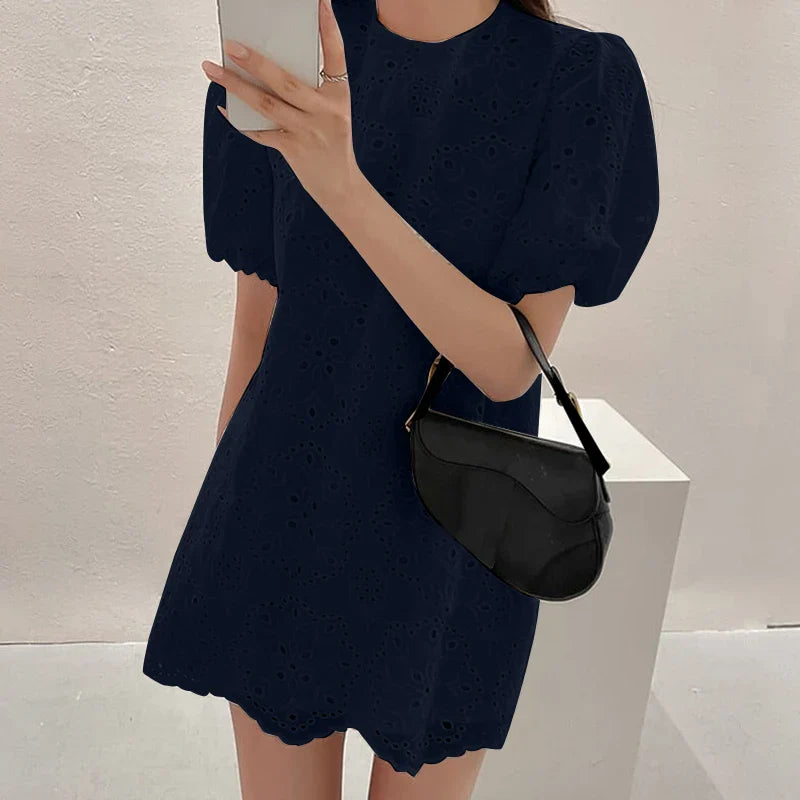 Cotton Sundress With Puff Sleeve Mini For Women Round Neck
