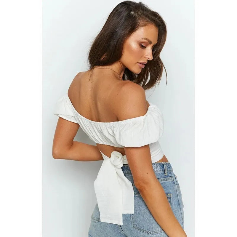 Women's Butterfly Tie One Shoulder Monochromatic Top with Sweet Back Tie and Short Sleeves