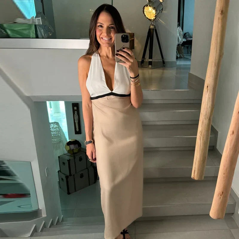 Backless Halter Party Dress With V Neck Patchwork Long Gown