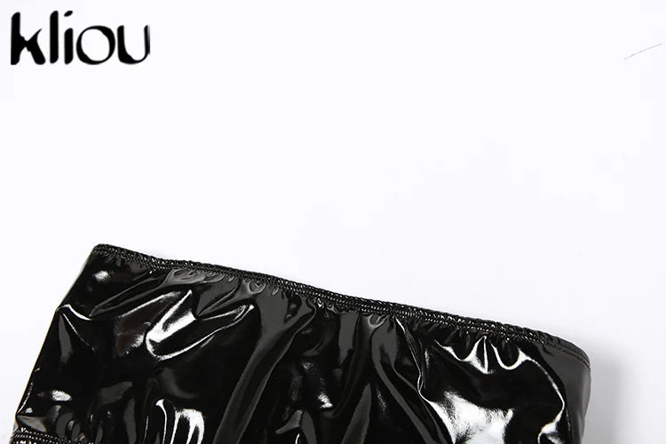 Shiny Solid Two Piece Set for Women Sexy Wrapped Chest Crop Top and Irregular Shape Skinny Hip Skirt Midnight Party Clubwear