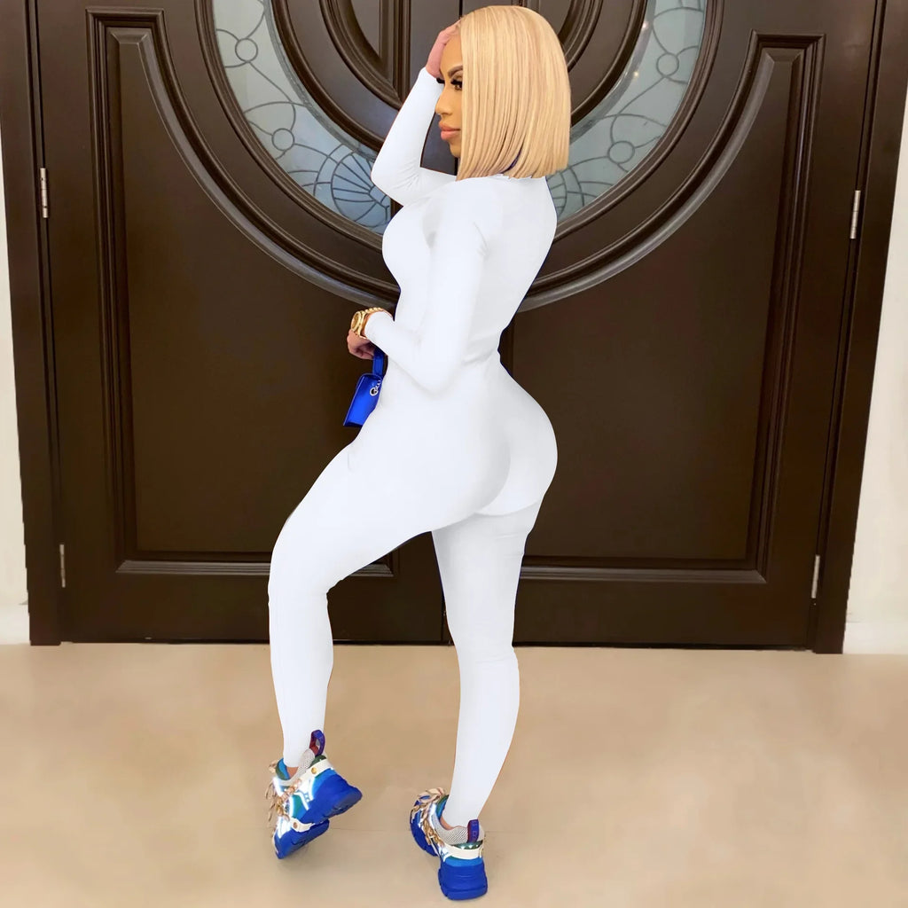 Women's Bodycon One-Piece Jumpsuit with Long Sleeves and Large Front Zipper Casual Sporty Skinny Workout Overalls Top