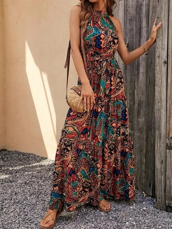 Bohemian Print Maxi Dress Halter Neck Zipper Closure