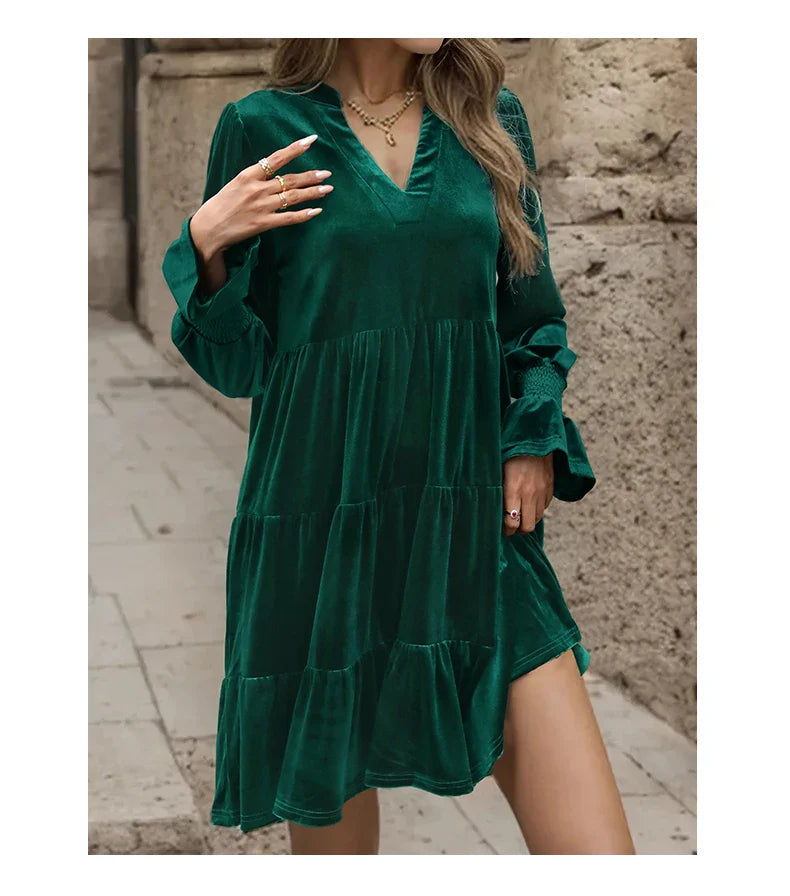 Velvet V Neck Ruffle Dress for Women Autumn Elegance