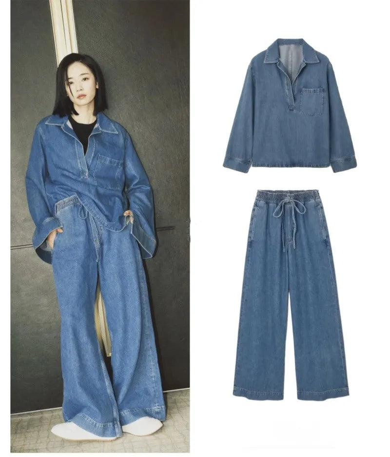 Casual Open Collar Denim Top with Pocket and Loose Wide Leg Drawstring Waist Denim Pants Two Piece Set for Women