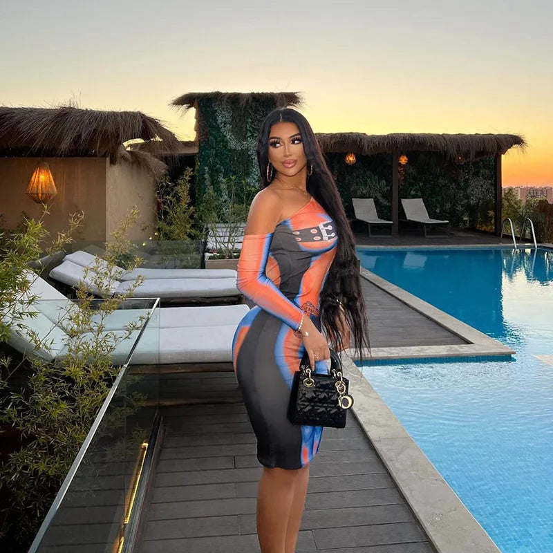 Off Shoulder Hollow Out Party Dress Sheath Multicolor