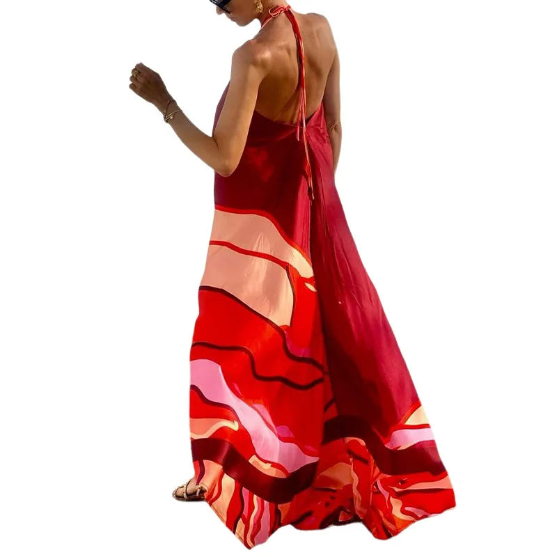 Lace Up Halter Maxi Dress Backless Party Sundress Beachwear