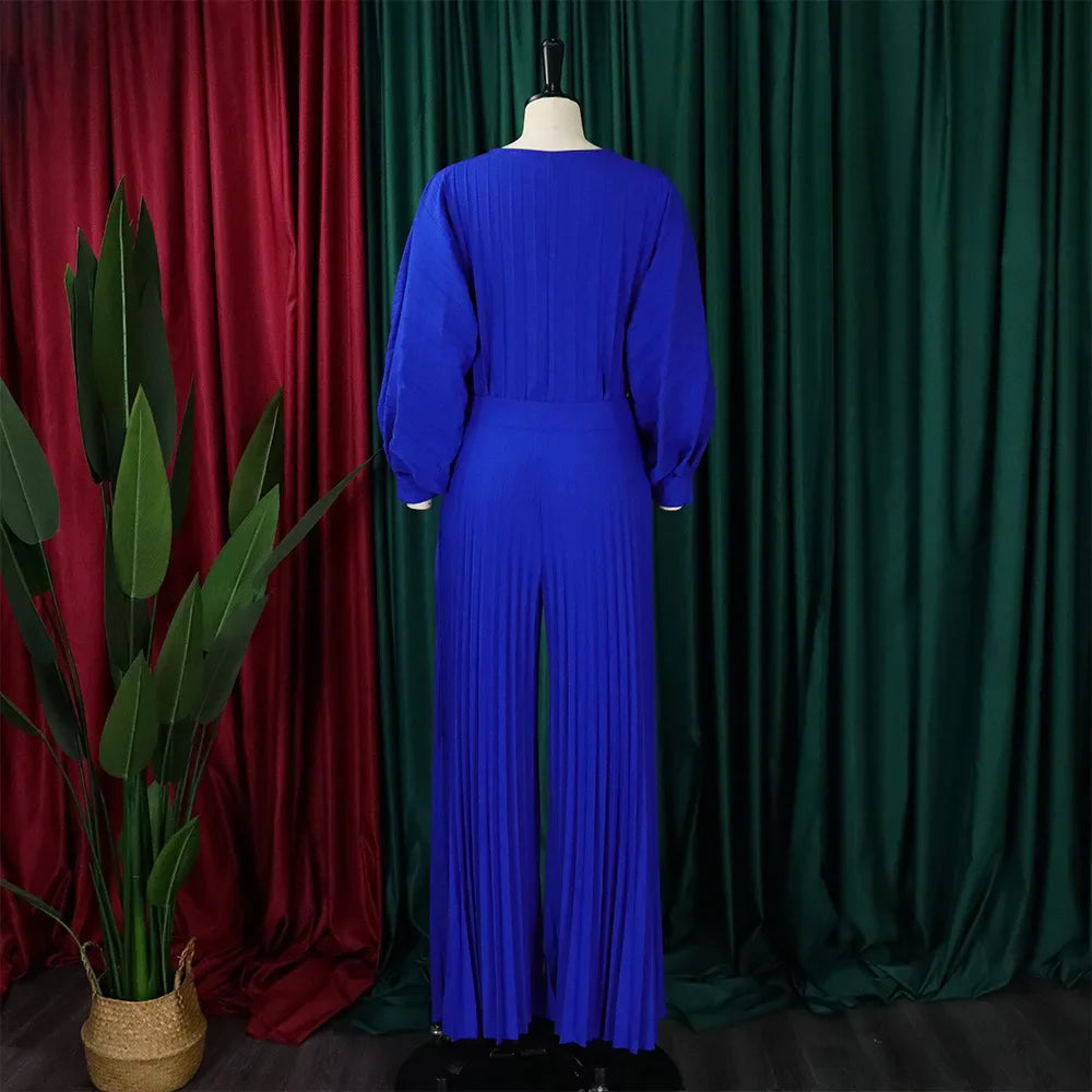 Elegant Two-Piece Women's Pants Set with O Neck Full Sleeve Blouse and High Waisted Wide Leg Trousers Fashionable Matching Outfit