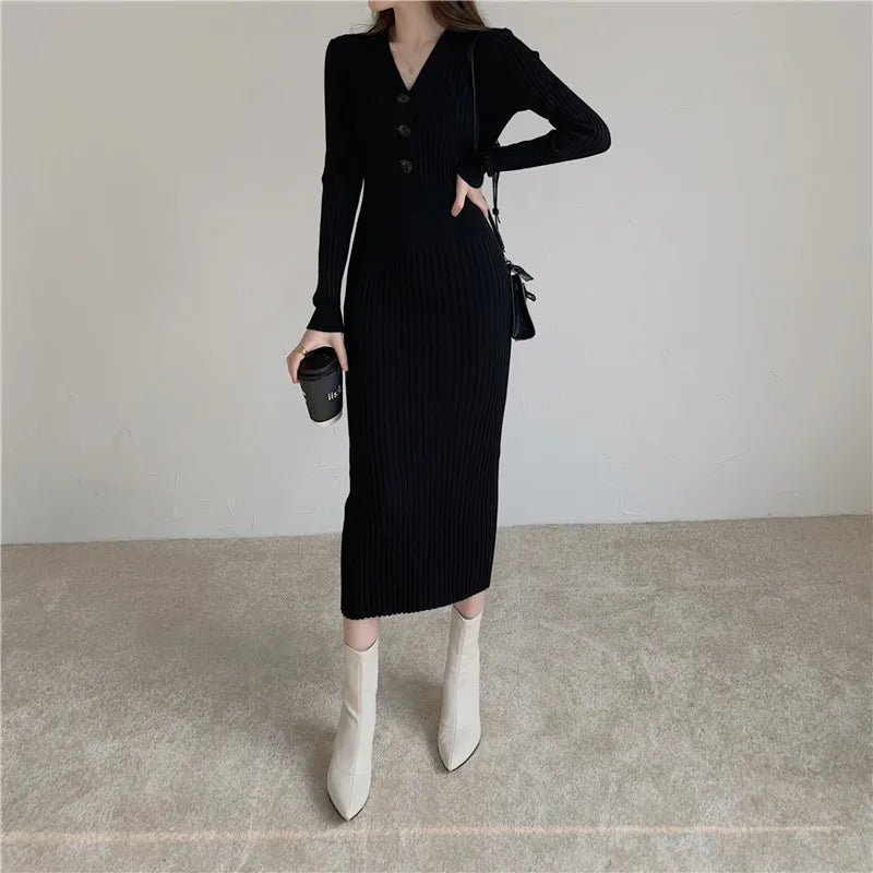Knit Sweater Dress For Women V Neck Maxi With Buttons
