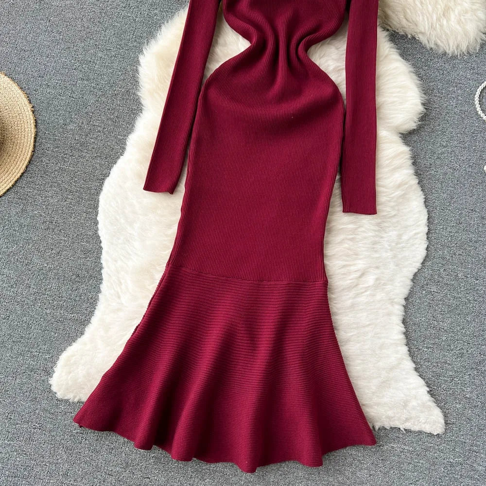 Elegant Knit Mermaid Dress Wrap Off Shoulder Long Sleeve
