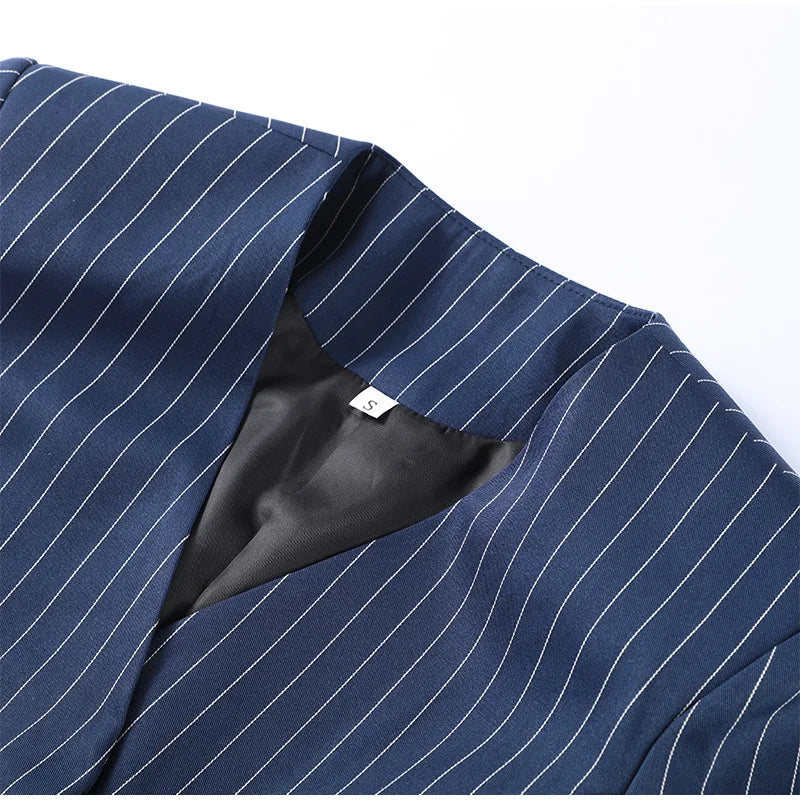 Women's Street Striped Blazer and Skirt Set Slim V-Neck Single Breasted Coat with Ribbon Accent Hip-Hugging Package Skirt Chic Spring Summer Outfit