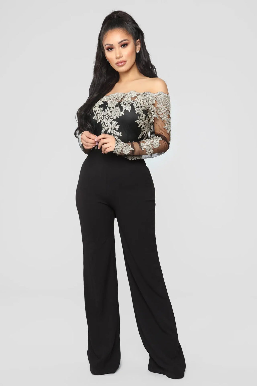 Appliques Lace Patchwork Off Shoulder Jumpsuit for Women with Slash Neck Long Sleeve and Elegant Wide Leg Pants Party Overalls