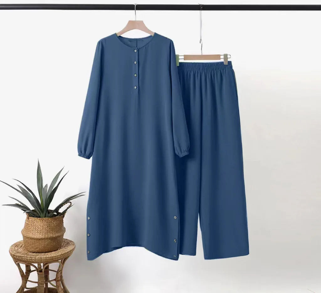 Women's Elegant Two Piece Muslim Abaya Set with Irregular Long Shirt and Wide Leg Pants