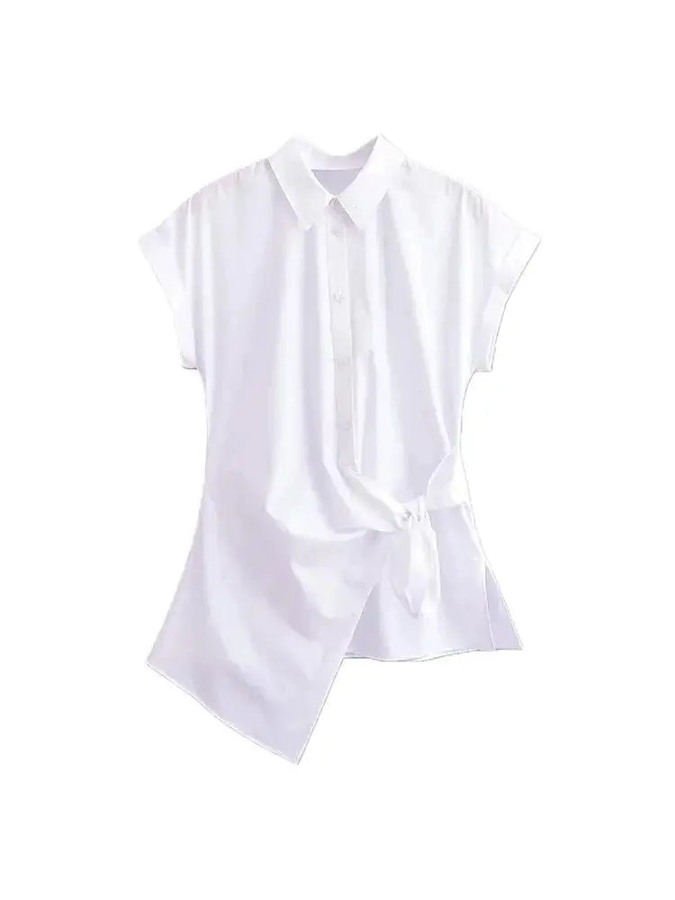 Asymmetric Poplin Shirt for Women with Front Knot Ties Short Sleeve Button-Up Chic Blouse Top
